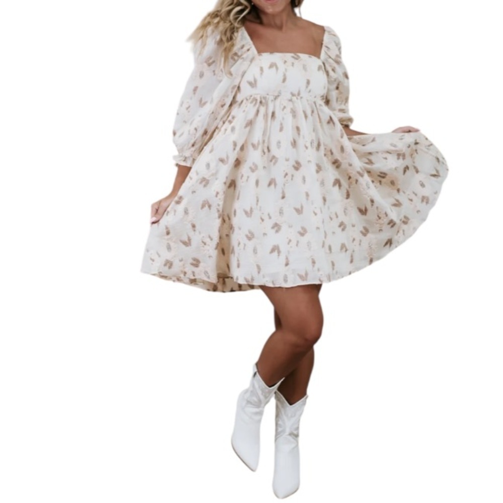 STORIA Elegant puff sleeve mini floral embroidered Cream Dress size small - Picture 11 of 11
